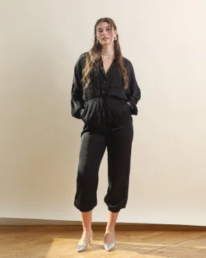 Black Button Down Long Sleeve Jumpsuit