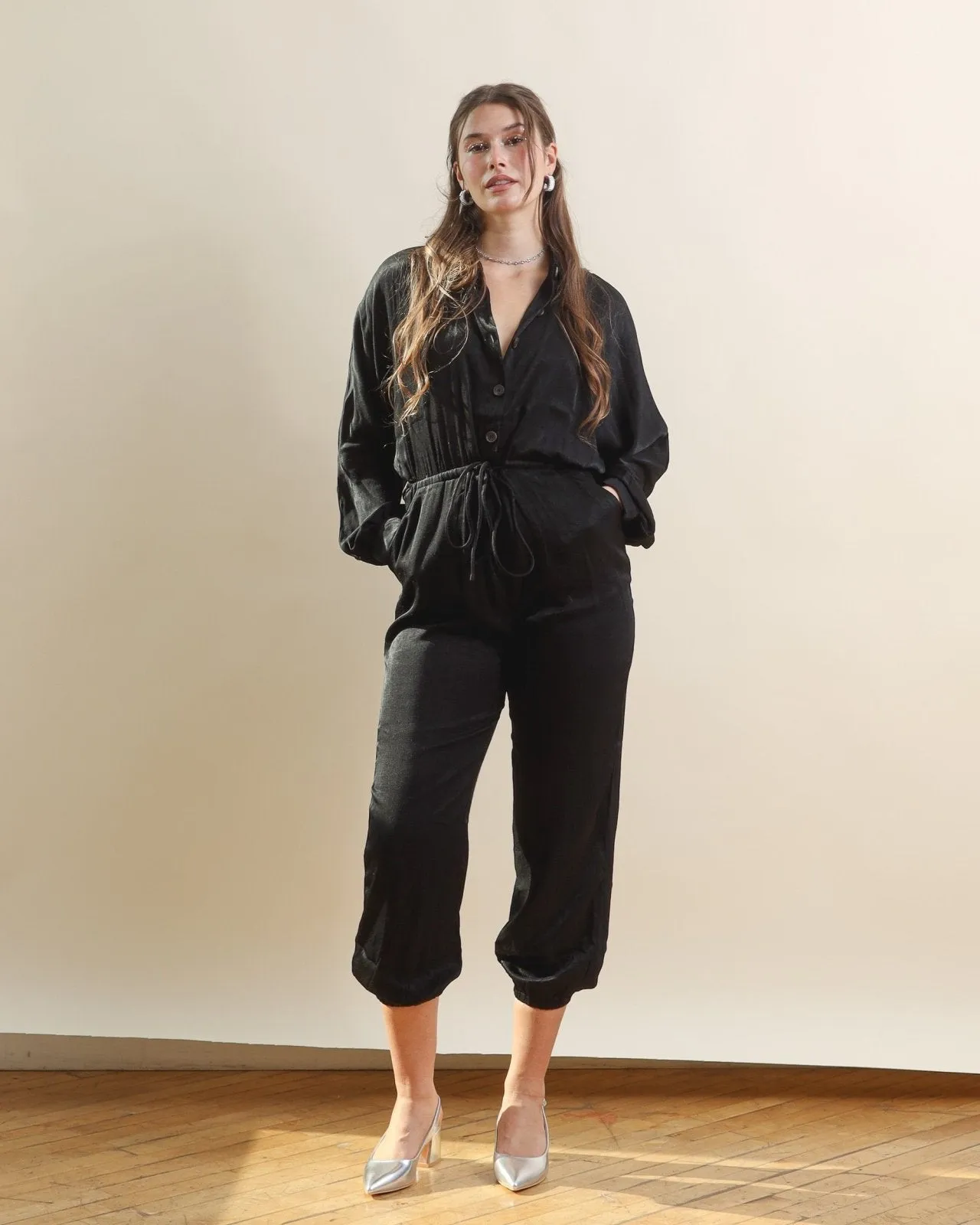 Black Button Down Long Sleeve Jumpsuit