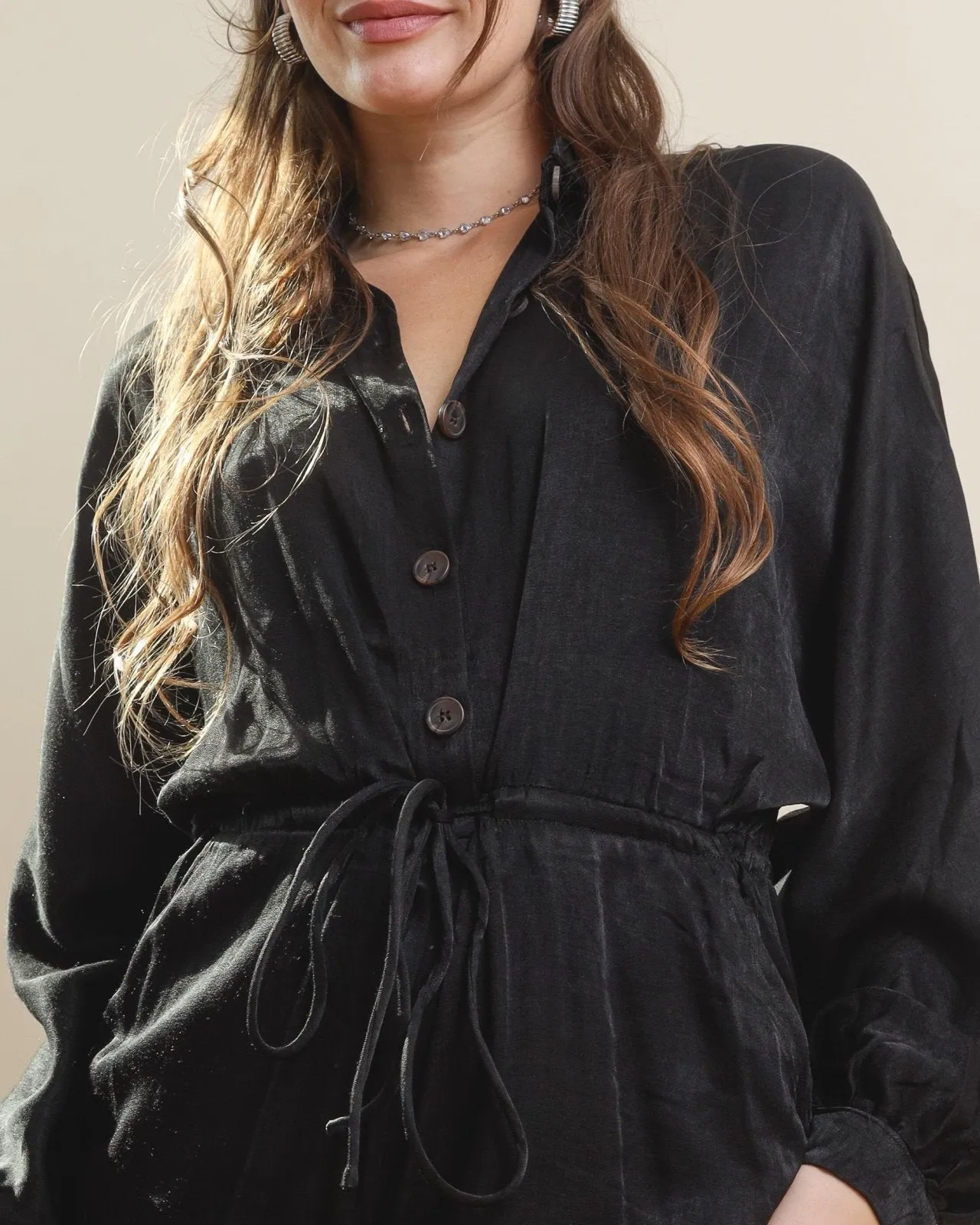 Black Button Down Long Sleeve Jumpsuit