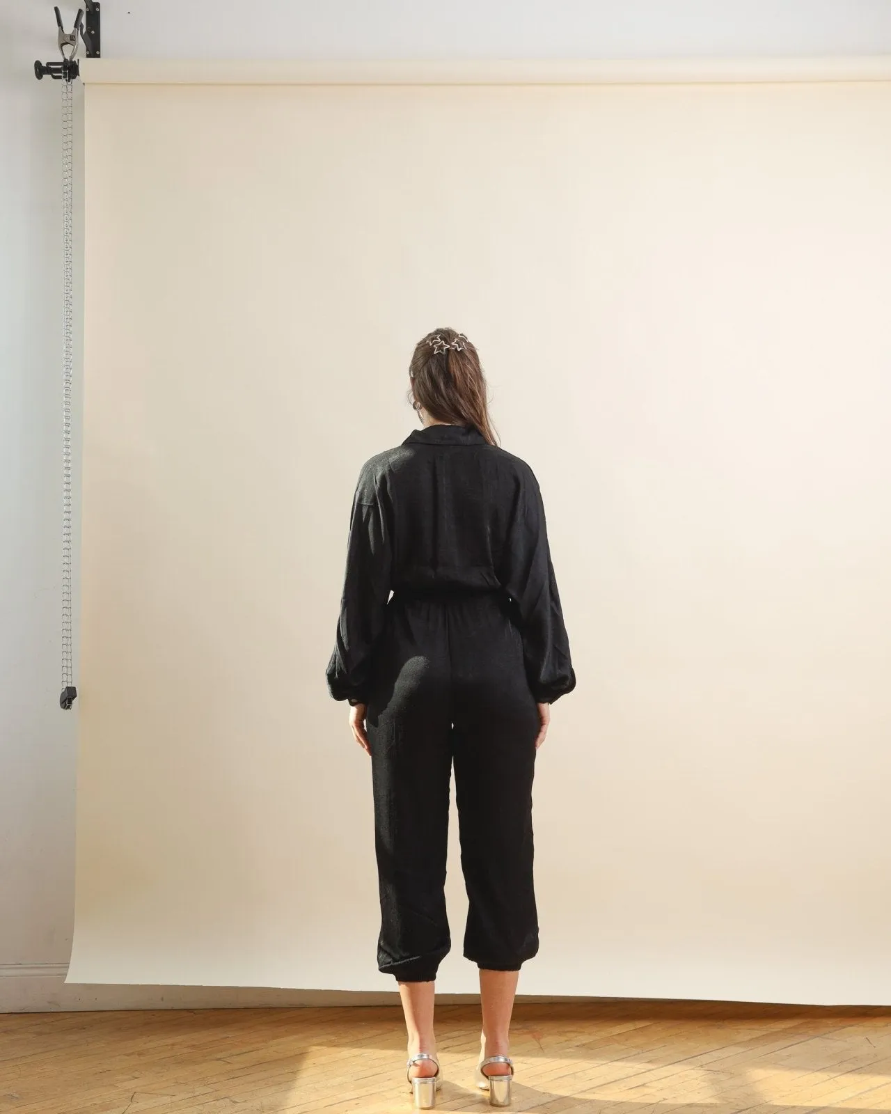 Black Button Down Long Sleeve Jumpsuit