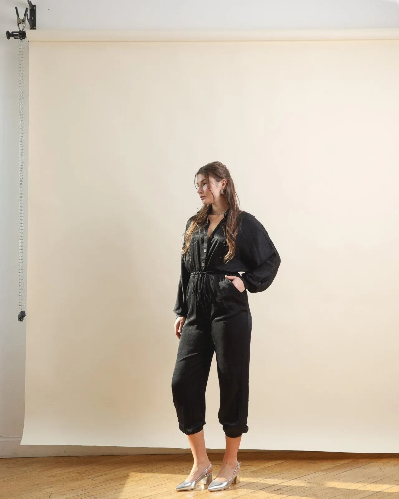 Black Button Down Long Sleeve Jumpsuit