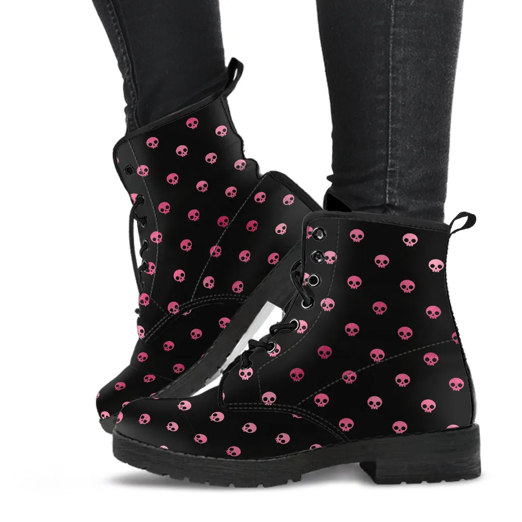 Combat Boots – Gothic Shoes #102 Pink Pastel Goth Skulls | Vegan Leather Handmade Lace Up Boots, Custom Shoes, Goth Witch Boots, Aesthetic