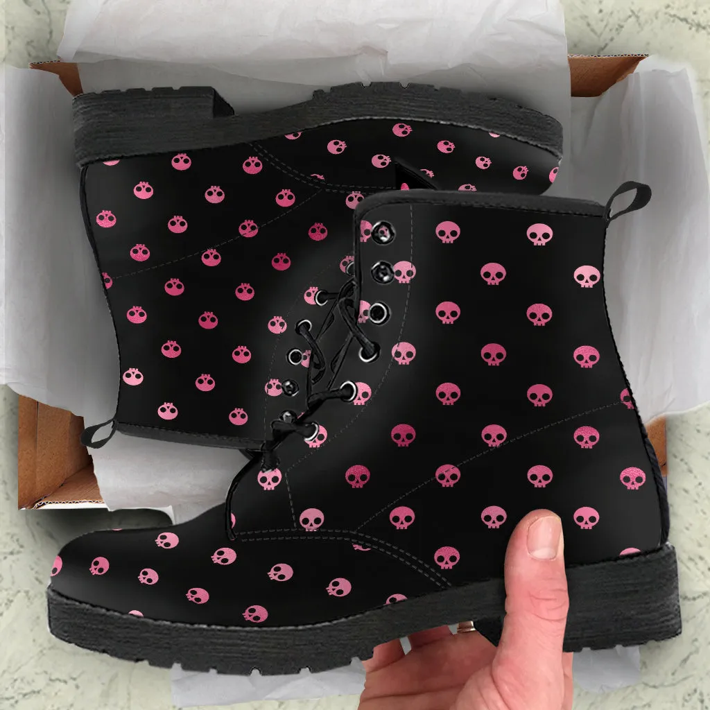 Combat Boots – Gothic Shoes #102 Pink Pastel Goth Skulls | Vegan Leather Handmade Lace Up Boots, Custom Shoes, Goth Witch Boots, Aesthetic