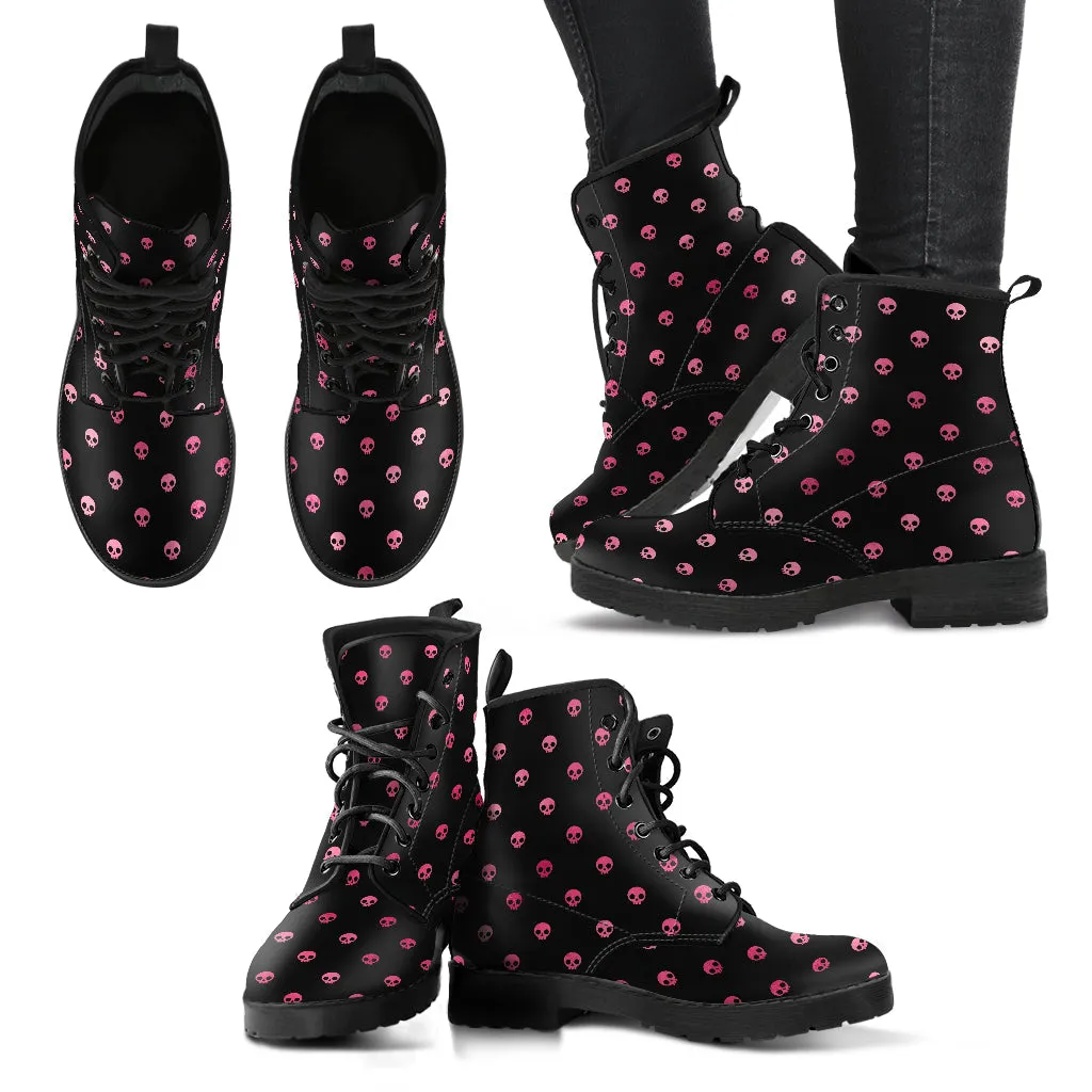 Combat Boots – Gothic Shoes #102 Pink Pastel Goth Skulls | Vegan Leather Handmade Lace Up Boots, Custom Shoes, Goth Witch Boots, Aesthetic