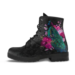 Combat Boots - Peacock #103 | Boho Shoes, Handmade Vegan Lace Up Boots, 2000s Boots, Aesthetic Shoes, Custom Shoes, Black Hipster Boots