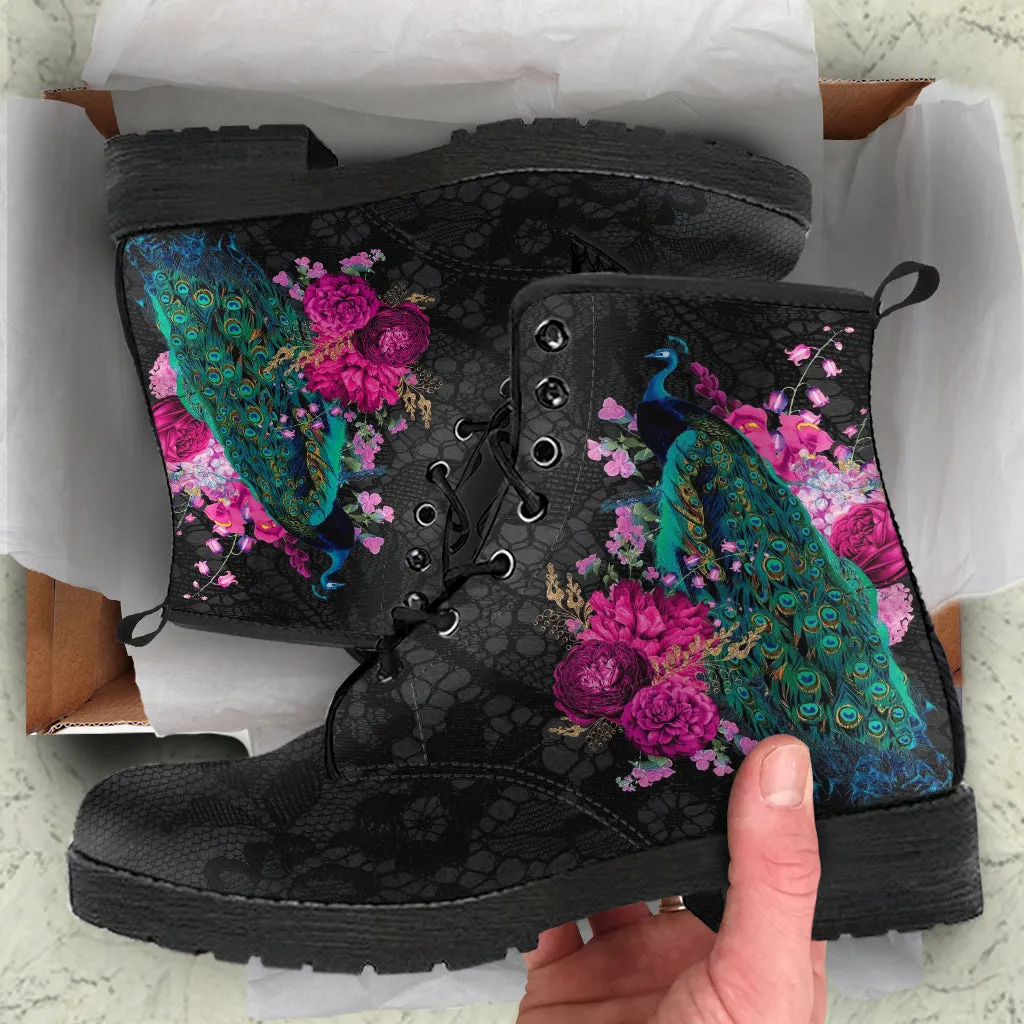 Combat Boots - Peacock #103 | Boho Shoes, Handmade Vegan Lace Up Boots, 2000s Boots, Aesthetic Shoes, Custom Shoes, Black Hipster Boots