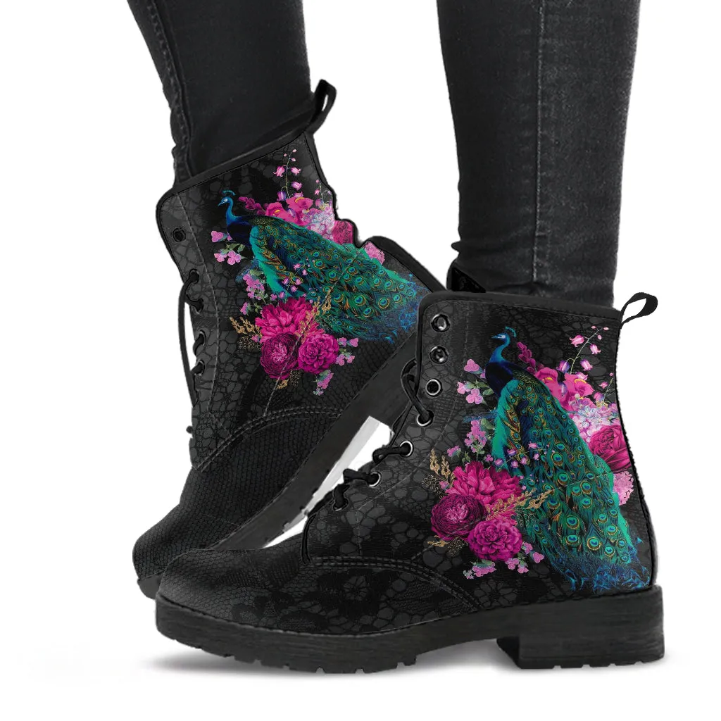Combat Boots - Peacock #103 | Boho Shoes, Handmade Vegan Lace Up Boots, 2000s Boots, Aesthetic Shoes, Custom Shoes, Black Hipster Boots