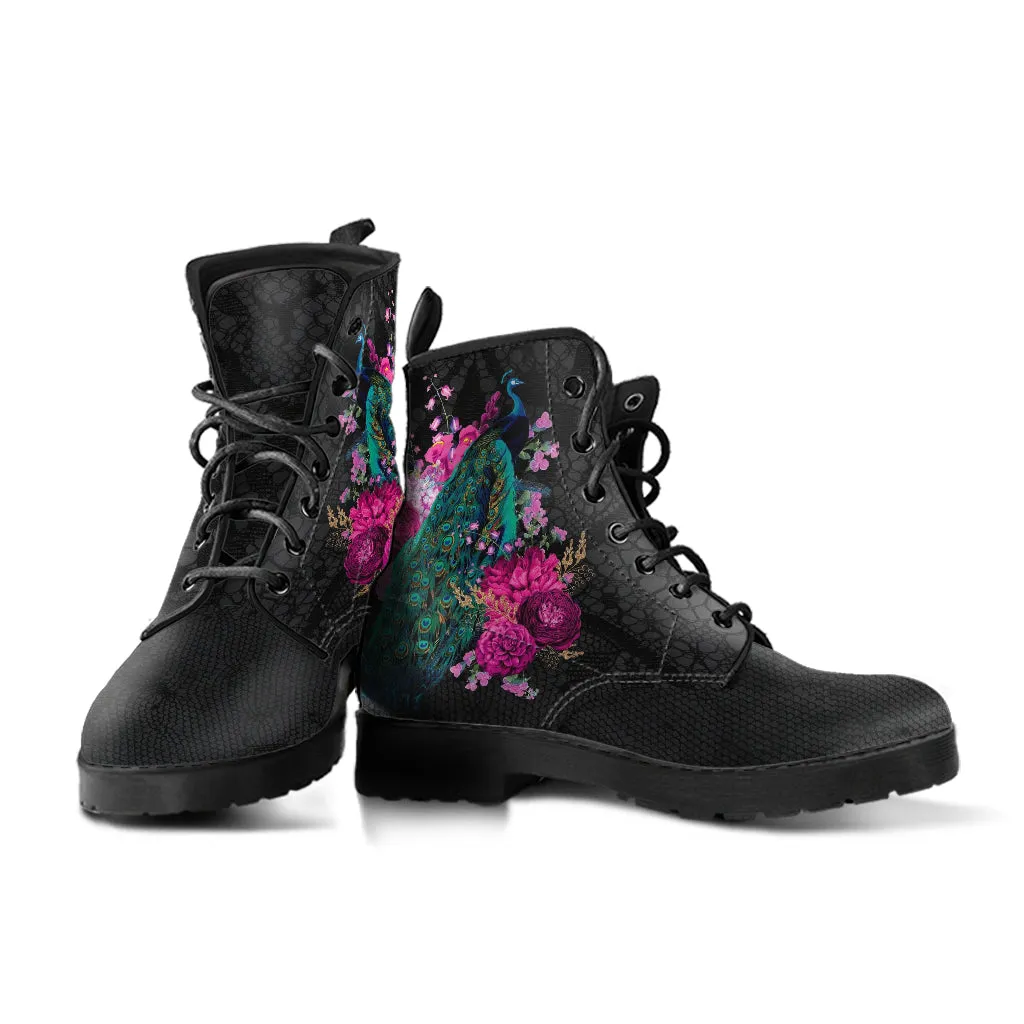 Combat Boots - Peacock #103 | Boho Shoes, Handmade Vegan Lace Up Boots, 2000s Boots, Aesthetic Shoes, Custom Shoes, Black Hipster Boots