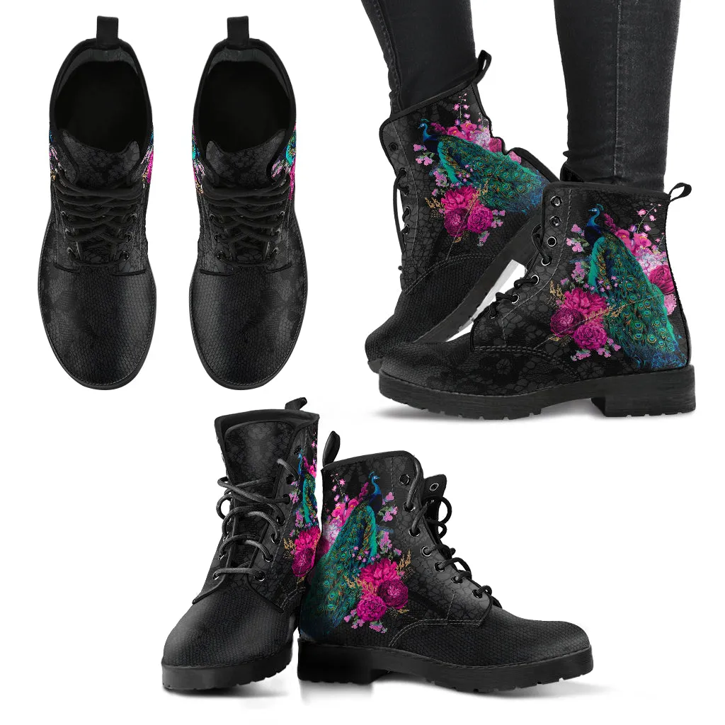 Combat Boots - Peacock #103 | Boho Shoes, Handmade Vegan Lace Up Boots, 2000s Boots, Aesthetic Shoes, Custom Shoes, Black Hipster Boots