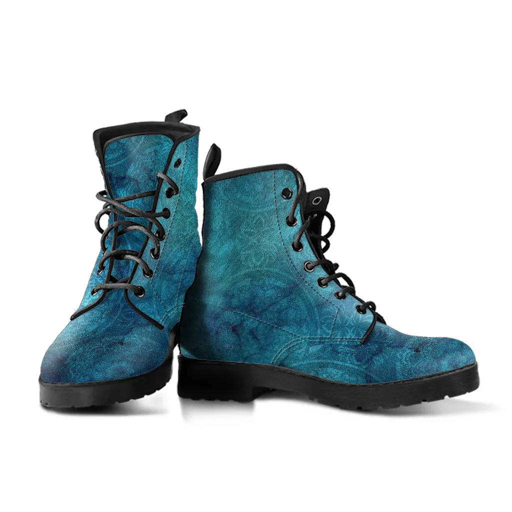 Combat Boots - Rugged Look Blue Mandala Boots | Custom Shoes, Cool Shoes, Vegan Shoes, Mandala Art, Vegan Leather, Hippie Boots