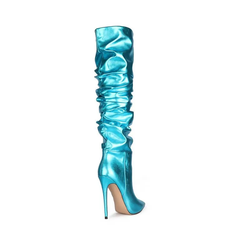 Fashion PU Point Toe Fold High Heel Knee High Boots