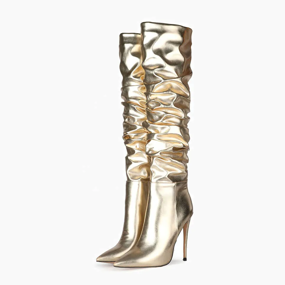 Fashion PU Point Toe Fold High Heel Knee High Boots