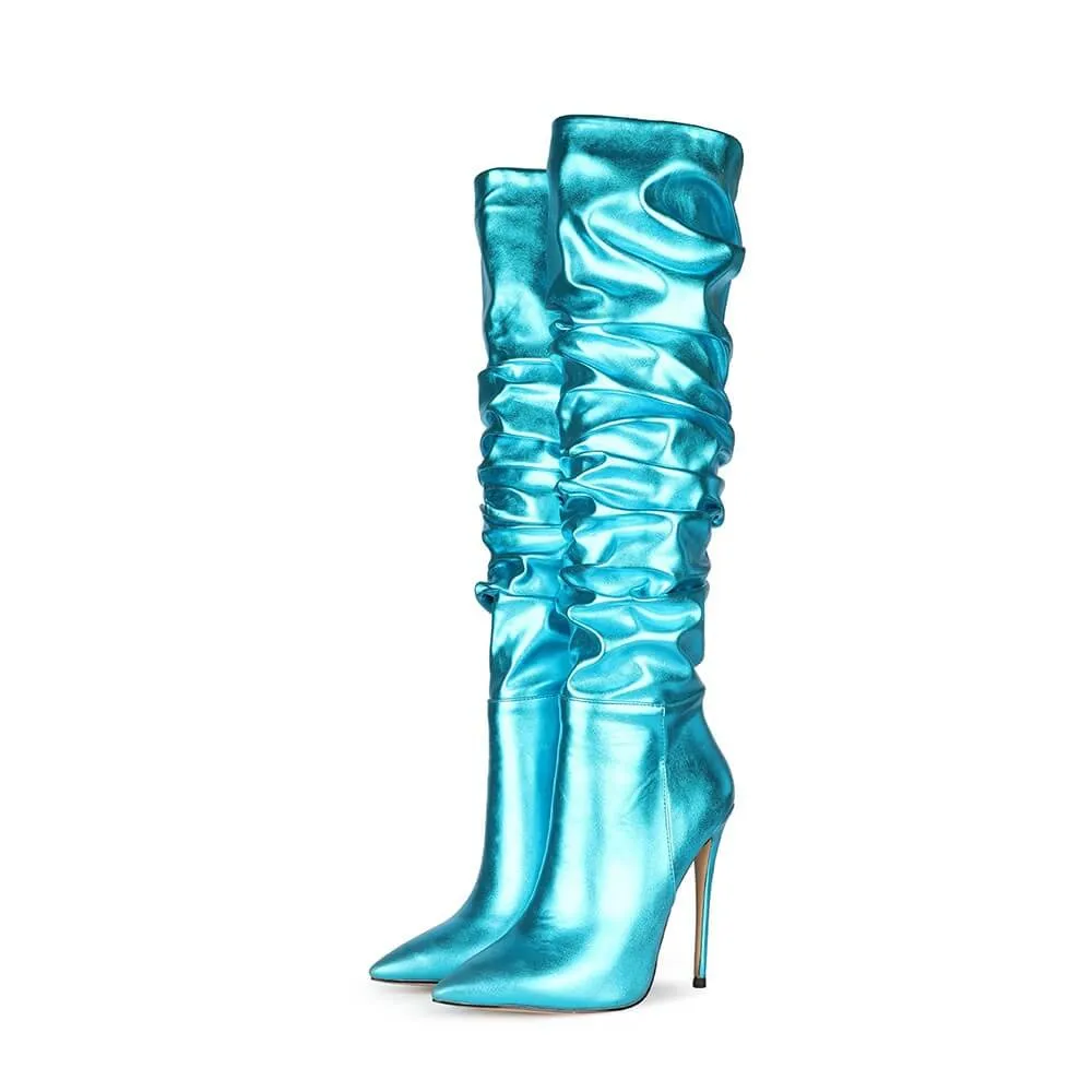 Fashion PU Point Toe Fold High Heel Knee High Boots