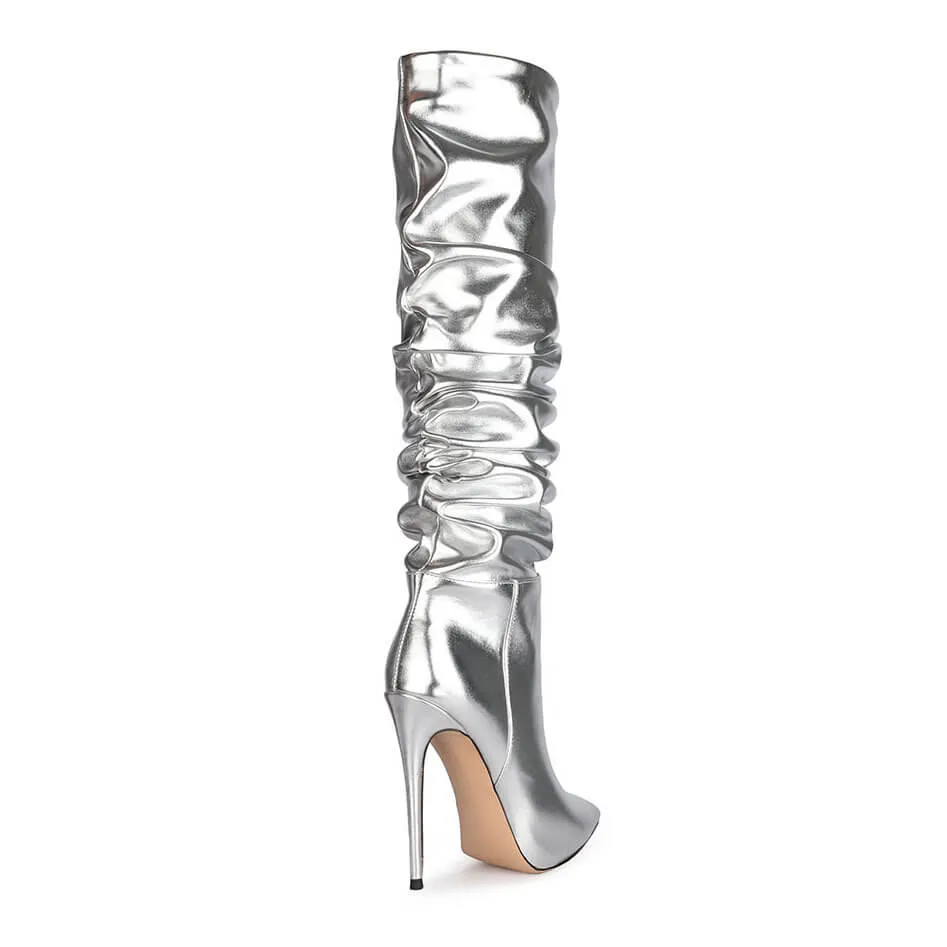 Fashion PU Point Toe Fold High Heel Knee High Boots