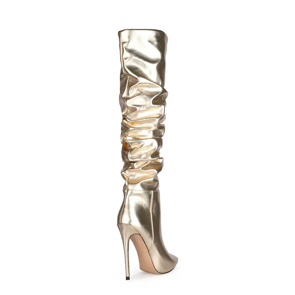 Fashion PU Point Toe Fold High Heel Knee High Boots