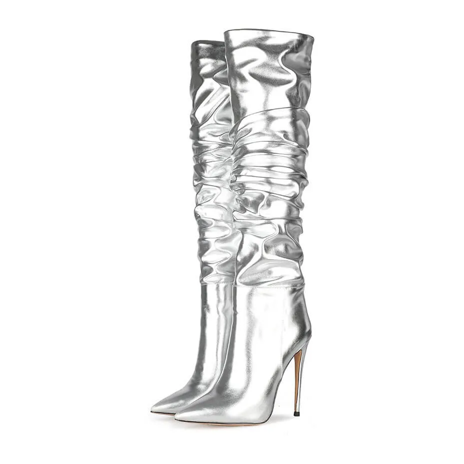 Fashion PU Point Toe Fold High Heel Knee High Boots