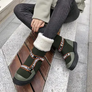 Flat Round Toe Patchwork Mid Calf Boots