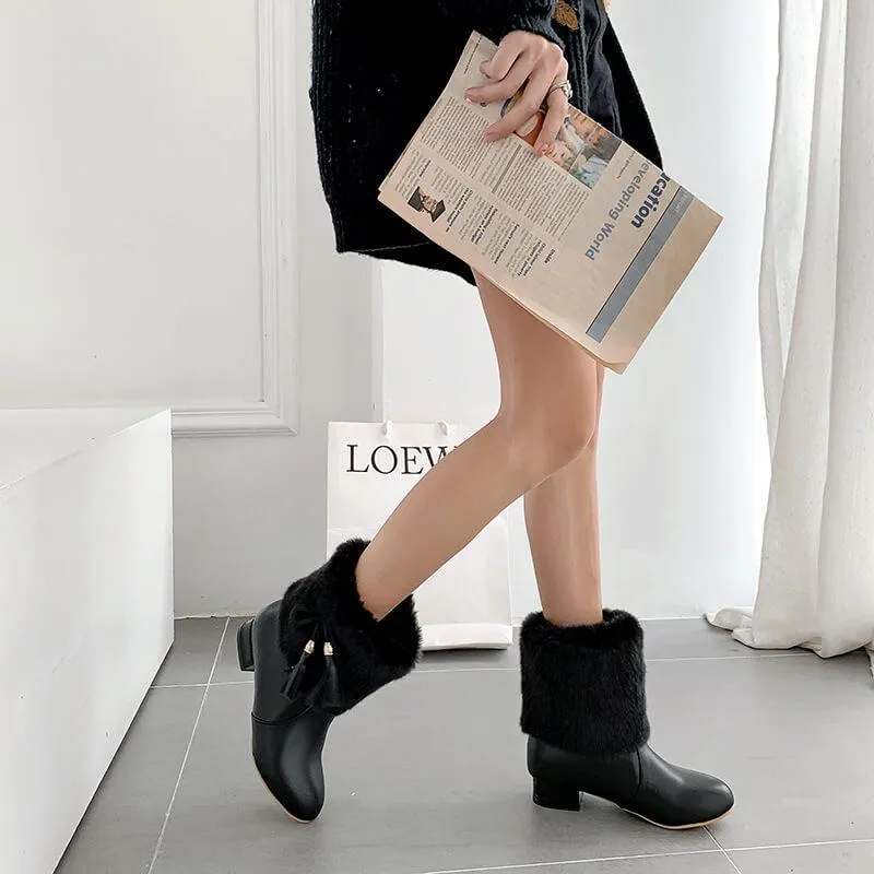 Fur Fringe Leather Chunky Heel Ankle Boots