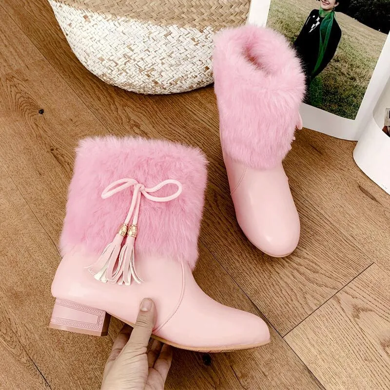 Fur Fringe Leather Chunky Heel Ankle Boots