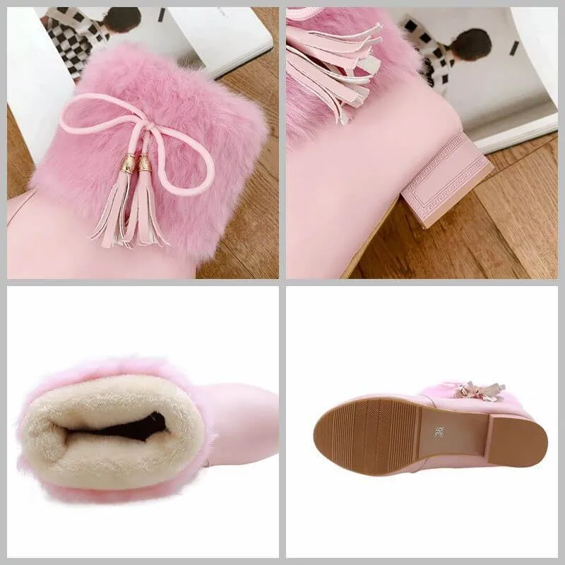 Fur Fringe Leather Chunky Heel Ankle Boots