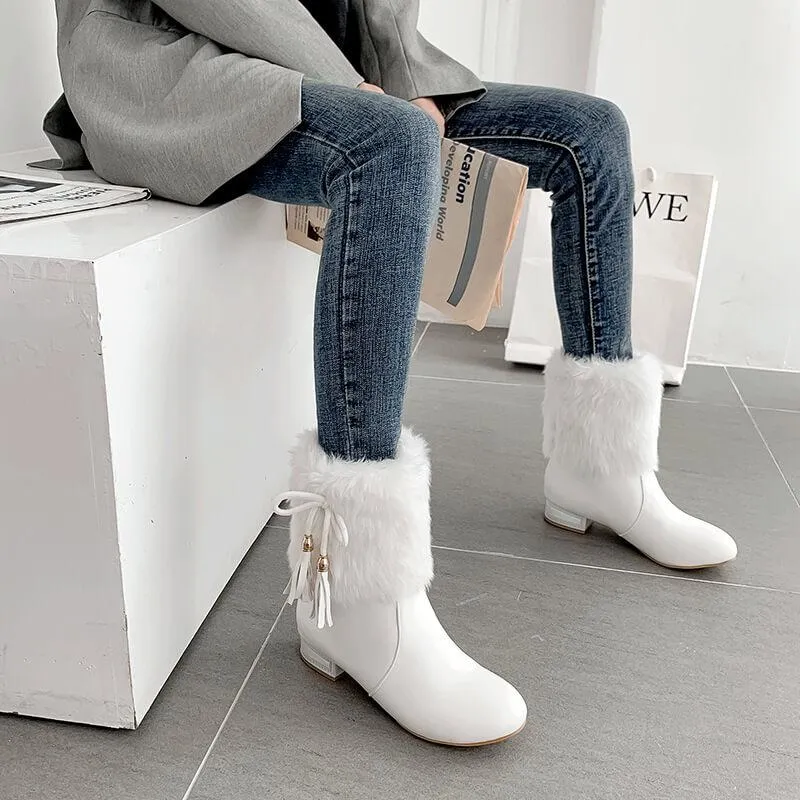 Fur Fringe Leather Chunky Heel Ankle Boots