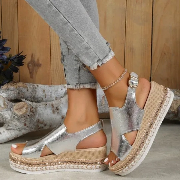Purpdrank - Gold Casual Hollowed Out Patchwork Fish Mouth Out Door Wedges Shoes (Heel Height 1.97in)