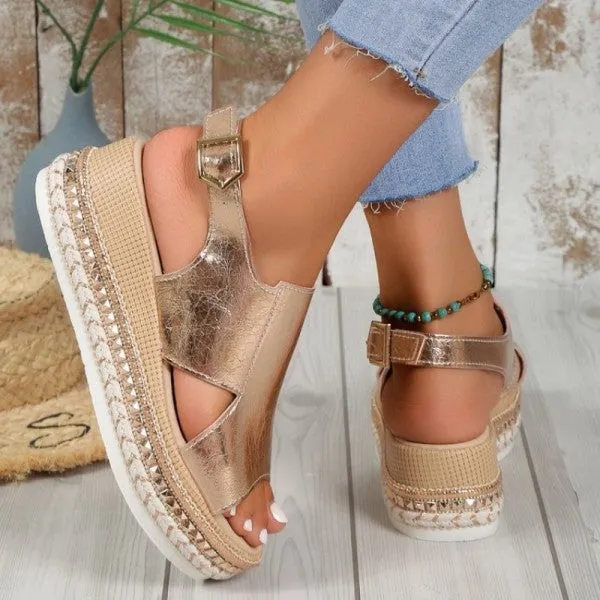Purpdrank - Gold Casual Hollowed Out Patchwork Fish Mouth Out Door Wedges Shoes (Heel Height 1.97in)