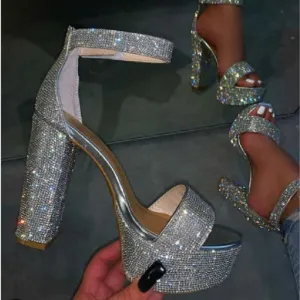Purpdrank - Silver Casual Patchwork Rhinestone Pointed Out Door Shoes (Heel Height 5.9in)