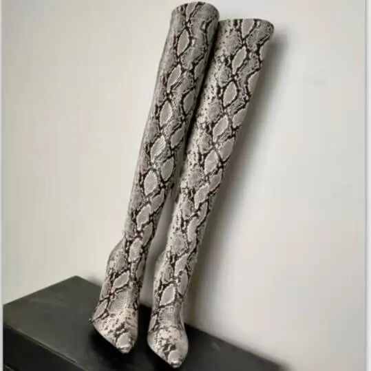 Sexy Snakeksin Point Toe Zipper Knee High Boots