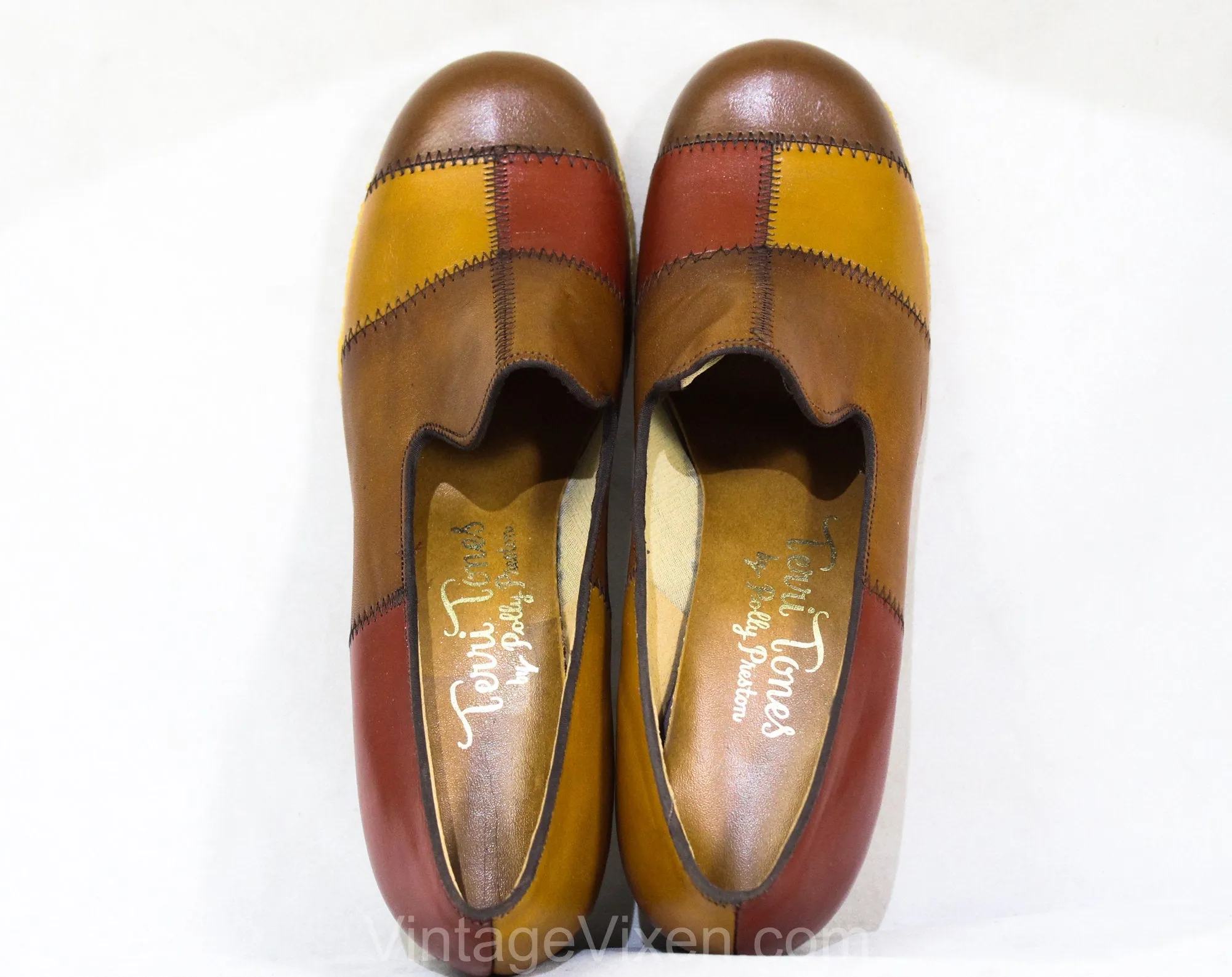 Size 7.5 1970s Platform Shoes - Rust Gold & Brown Hippie 1960s Patchwork Leather Shoe - Unworn 7.5 Narrow - Stitched Patches - 60s Deadstock
