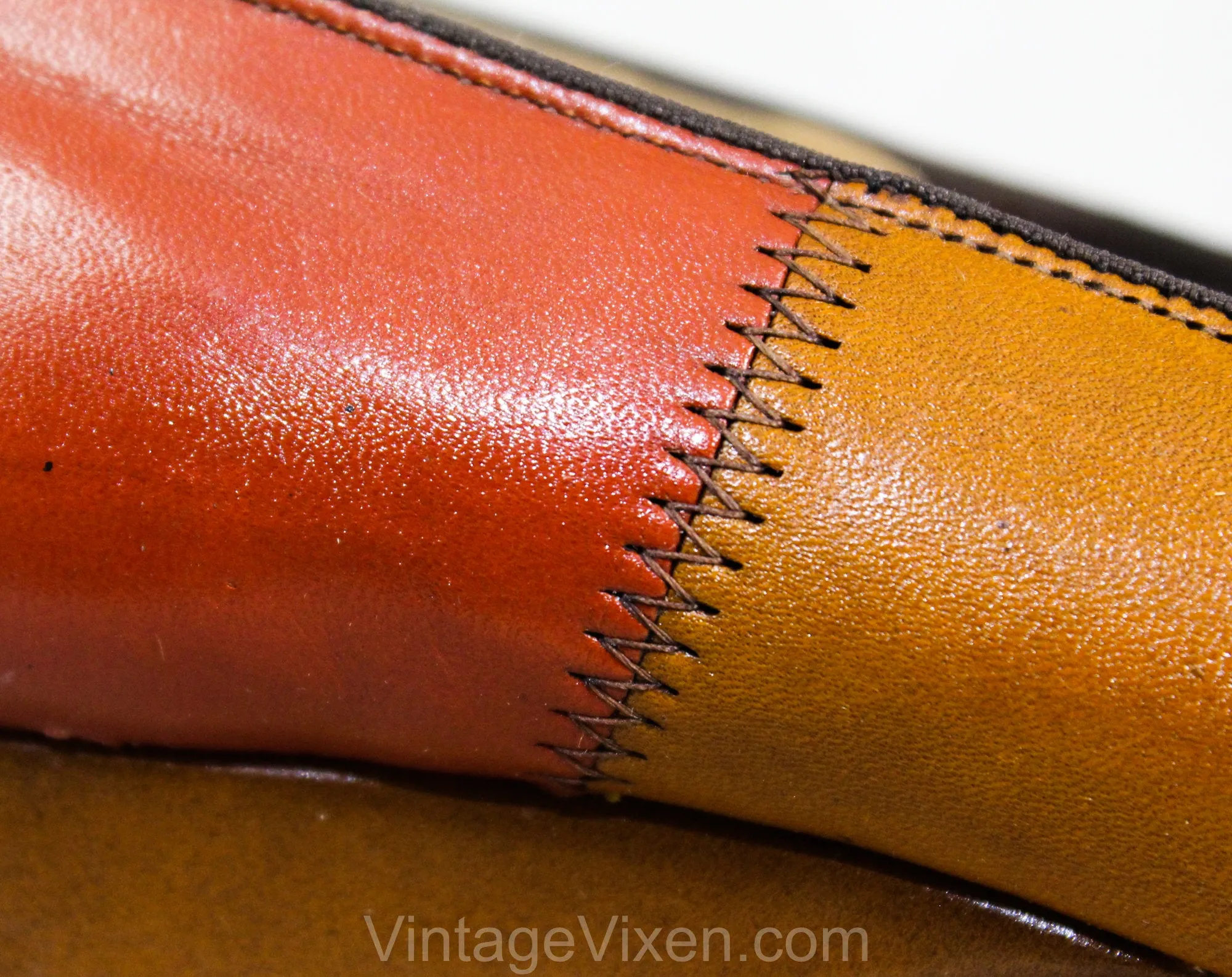 Size 7.5 1970s Platform Shoes - Rust Gold & Brown Hippie 1960s Patchwork Leather Shoe - Unworn 7.5 Narrow - Stitched Patches - 60s Deadstock