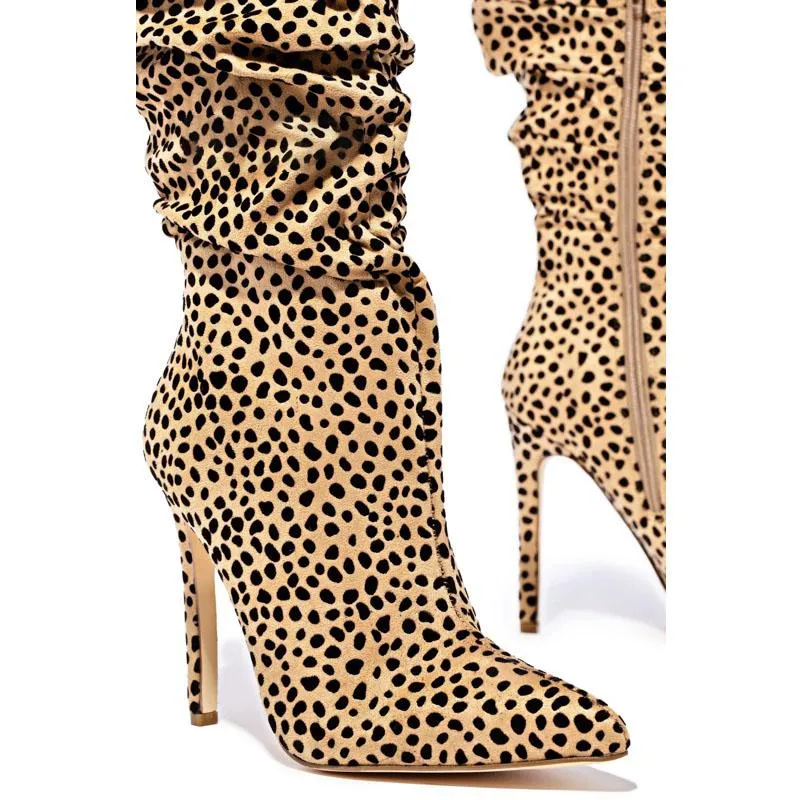 Suede Print Point Toe High Heel Knee High Boots