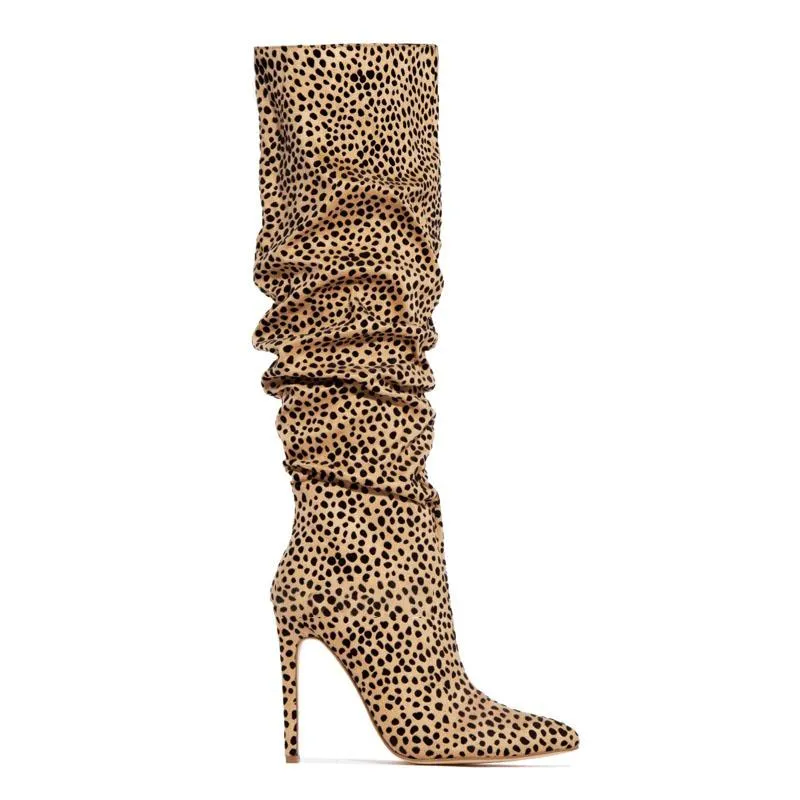 Suede Print Point Toe High Heel Knee High Boots