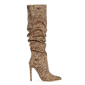 Suede Print Point Toe High Heel Knee High Boots