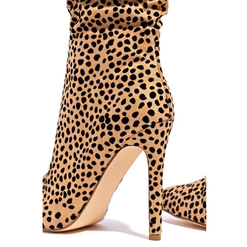 Suede Print Point Toe High Heel Knee High Boots