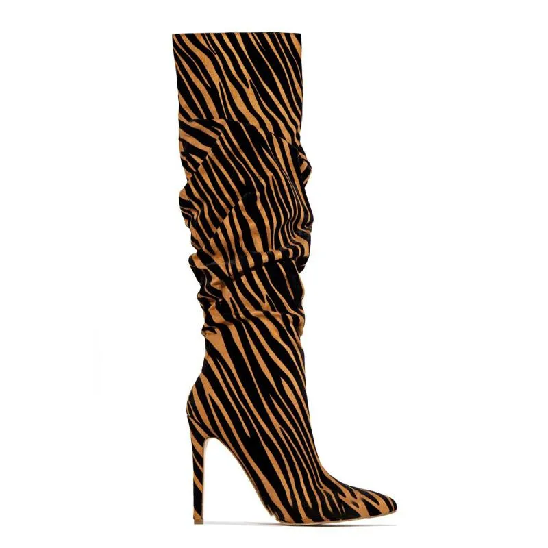 Suede Print Point Toe High Heel Knee High Boots